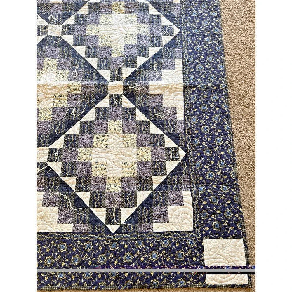 Vintage Style Handmade Prayer Qulit Patchwork Quilt Shades of Blue 50
